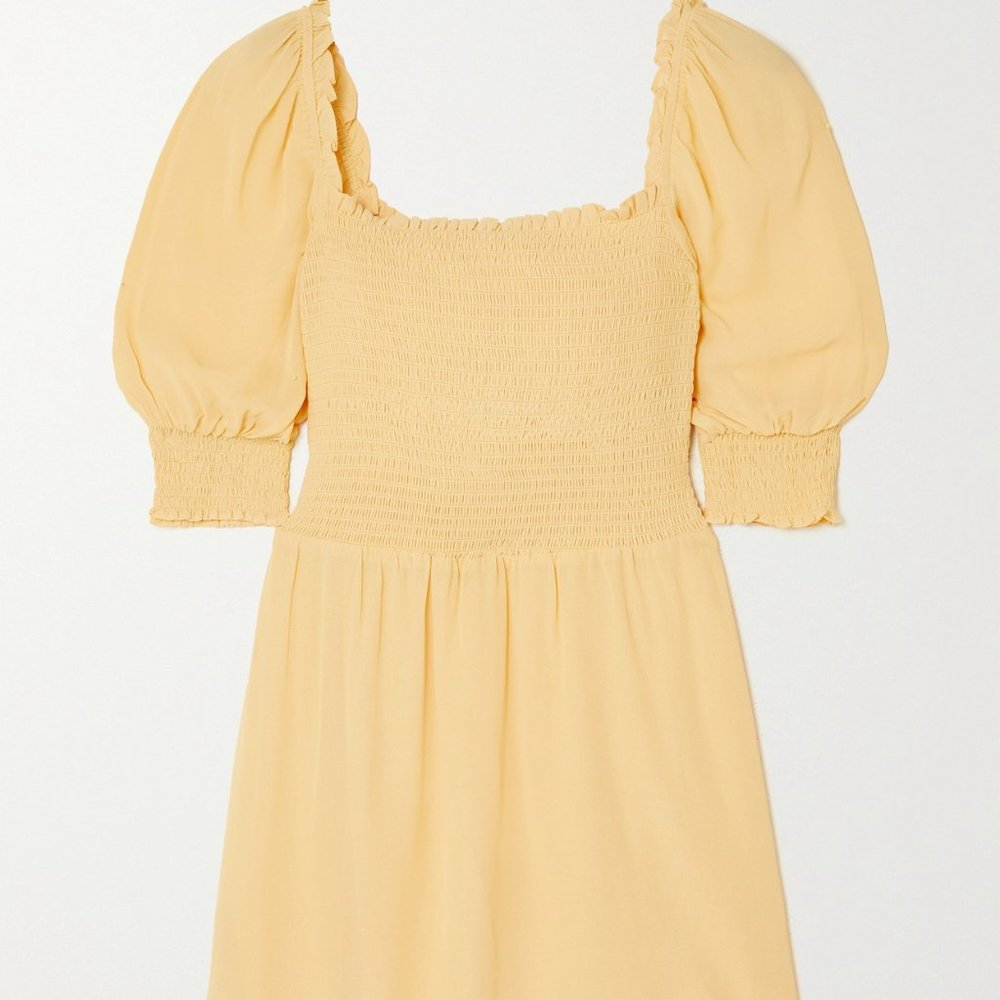 Reformation Elle Ruffled Shirred Crepe Mini Dress In Yellow